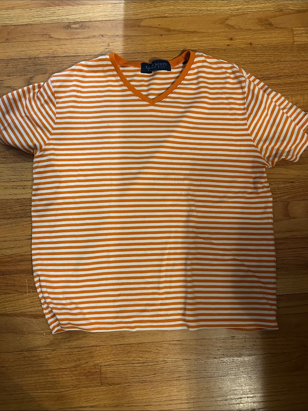 Karen Scott Orange and White Striped V-Neck Tee